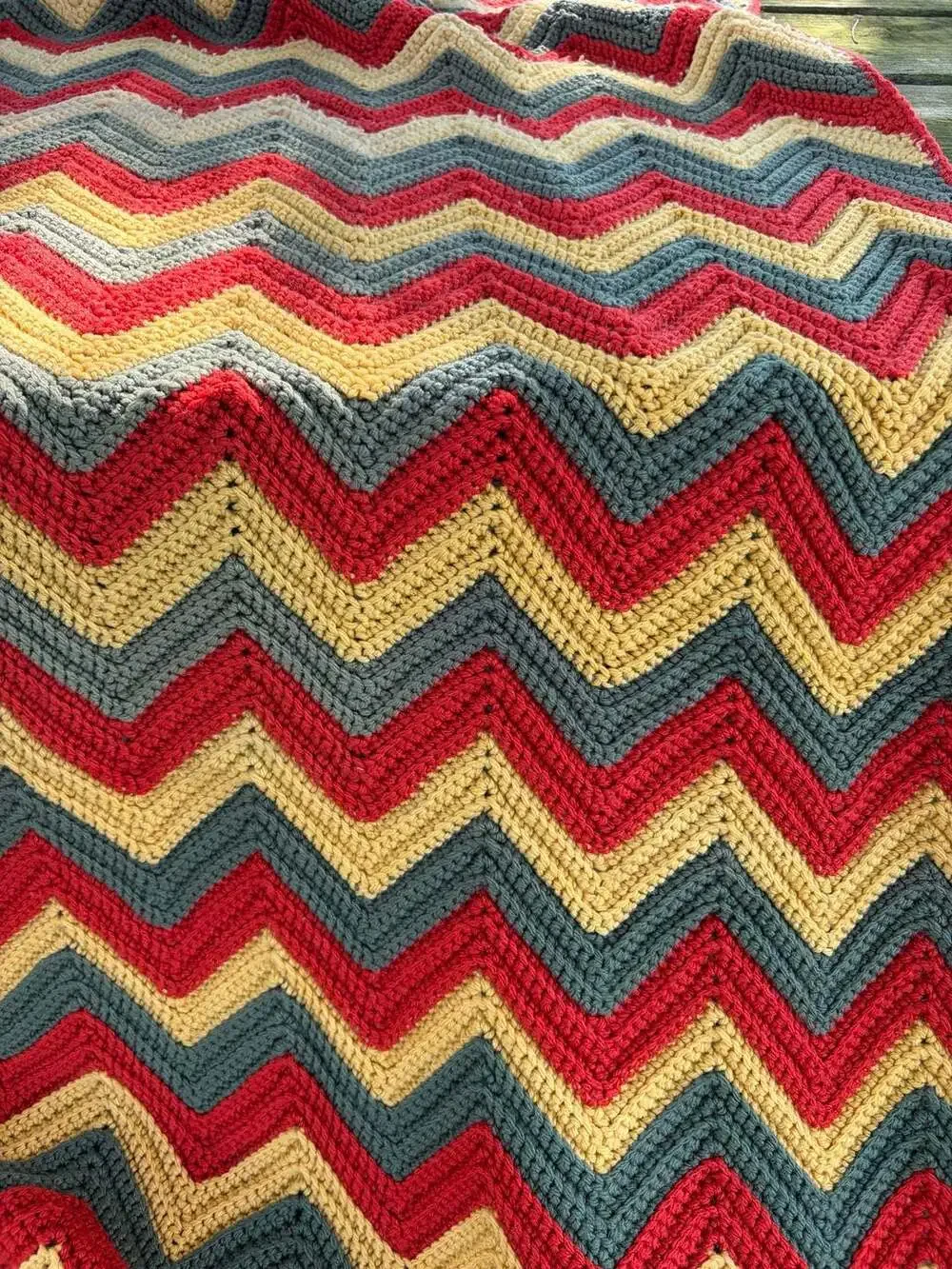 Vintage Crochet Chevron Afghan Blanket Red Yellow Green